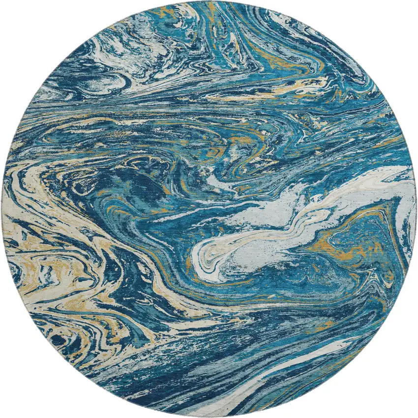 8' Navy Blue Gold And White Abstract Washable Round Rug With UV Protection Photo 1