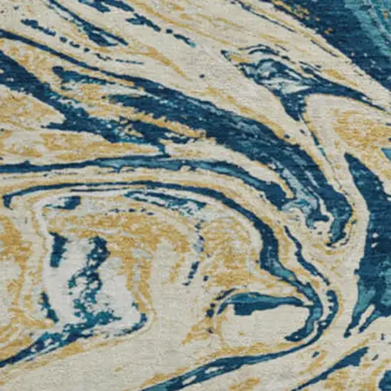 8' Navy Blue Gold And White Abstract Washable Round Rug With UV Protection Photo 2