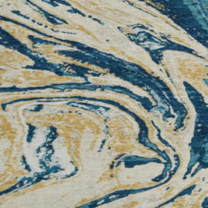 8' Navy Blue Gold And White Abstract Washable Round Rug With UV Protection Photo 2