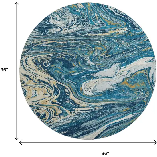 8' Navy Blue Gold And White Abstract Washable Round Rug With UV Protection Photo 9