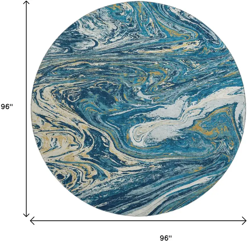 8' Navy Blue Gold And White Abstract Washable Round Rug With UV Protection Photo 9