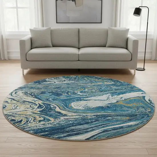 8' Navy Blue Gold And White Abstract Washable Round Rug With UV Protection Photo 2