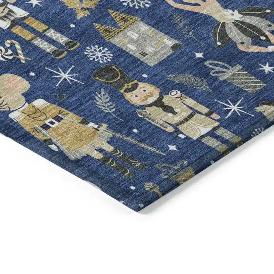 8' Navy Blue Gold Black And Gray Round Village Houses Washable Indoor Outdoor Area Rug Photo 8