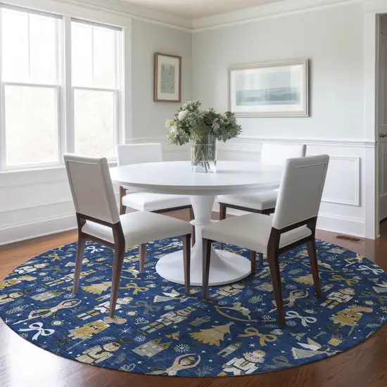 8' Navy Blue Gold Black And Gray Round Nutcracker Washable Indoor Outdoor Area Rug Photo 6
