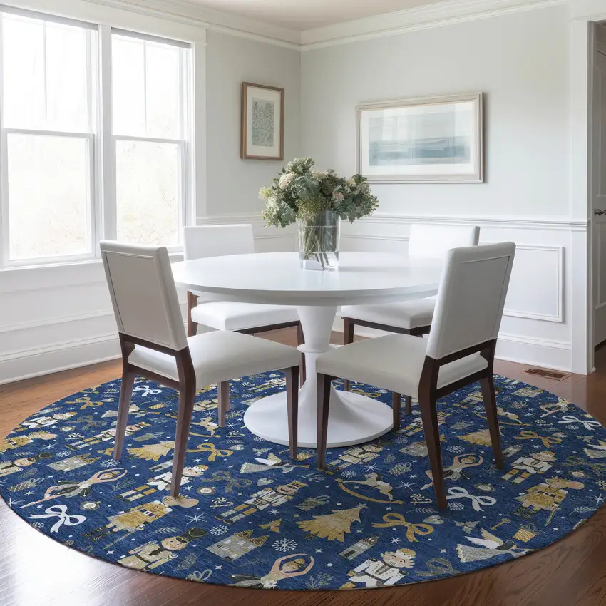 8' Navy Blue Gold Black And Gray Round Nutcracker Washable Indoor Outdoor Area Rug Photo 6