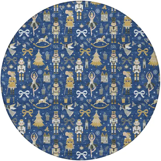 8' Navy Blue Gold Black And Gray Round Village Houses Washable Indoor Outdoor Area Rug Photo 3