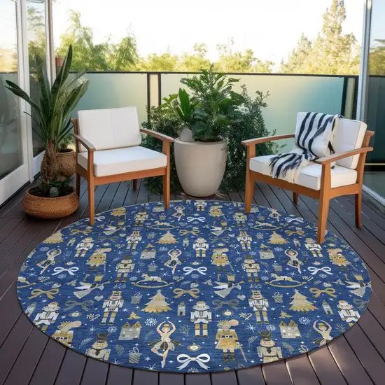 8' Navy Blue Gold Black And Gray Round Nutcracker Washable Indoor Outdoor Area Rug Photo 5