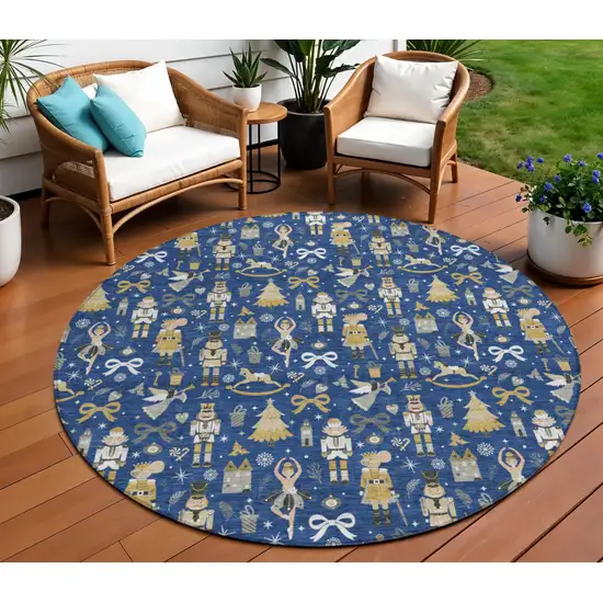 8' Navy Blue Gold Black And Gray Round Village Houses Washable Indoor Outdoor Area Rug Photo 2