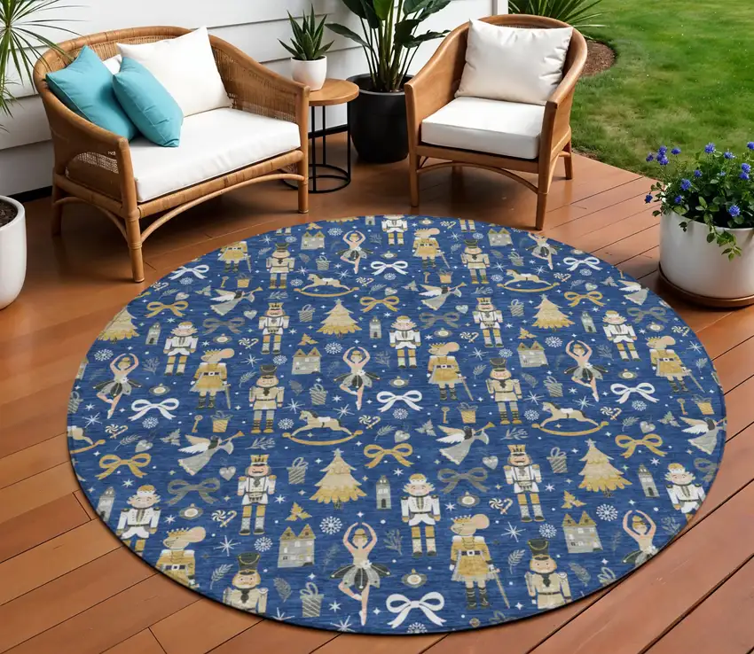 8' Navy Blue Gold Black And Gray Round Village Houses Washable Indoor Outdoor Area Rug Photo 2