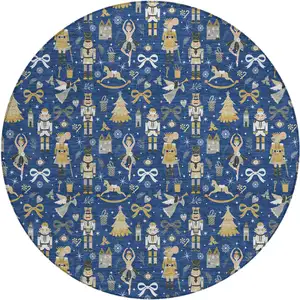 Photo of 8' Navy Blue Gold Black And Gray Round Village Houses Washable Indoor Outdoor Area Rug