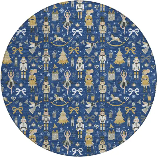 8' Navy Blue Gold Black And Gray Round Village Houses Washable Indoor Outdoor Area Rug Photo 1