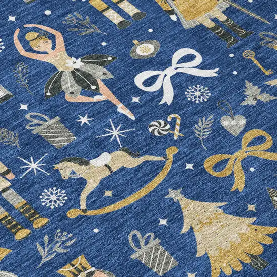 8' Navy Blue Gold Black And Gray Round Nutcracker Washable Indoor Outdoor Area Rug Photo 7