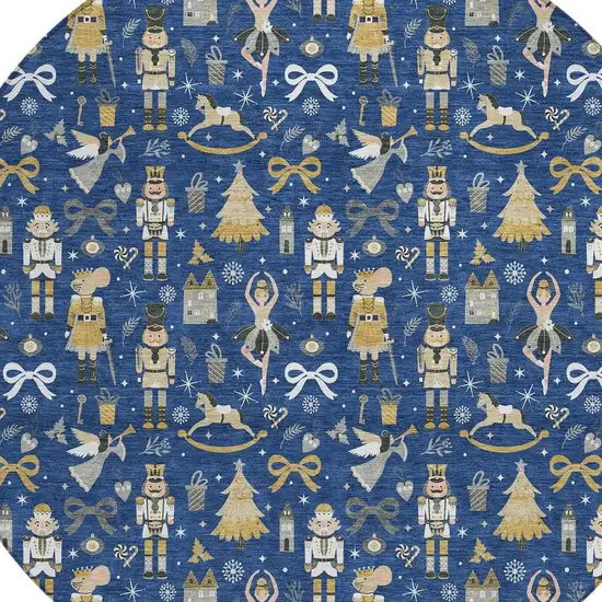 8' Navy Blue Gold Black And Gray Round Village Houses Washable Indoor Outdoor Area Rug Photo 4