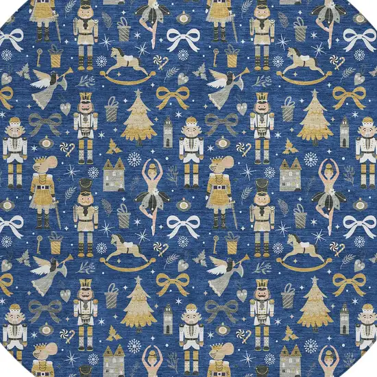 8' Navy Blue Gold Black And Gray Round Village Houses Washable Indoor Outdoor Area Rug Photo 9