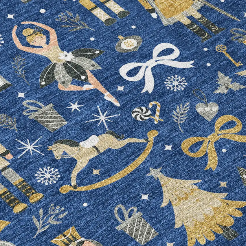 8' Navy Blue Gold Black And Gray Round Village Houses Washable Indoor Outdoor Area Rug Photo 7