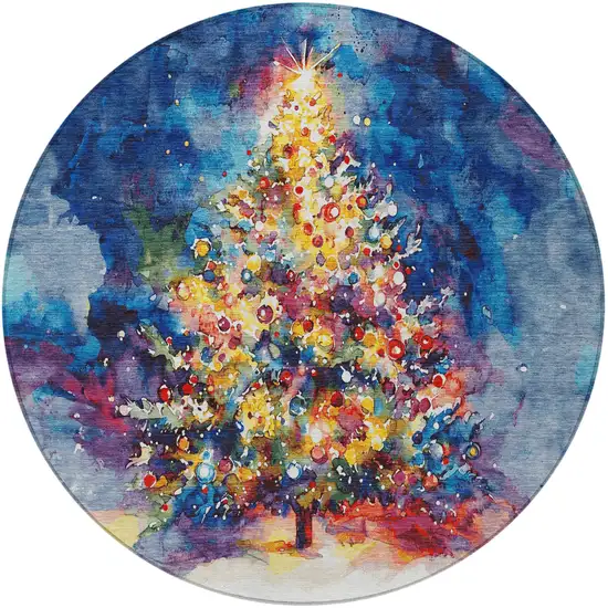 8' Navy Blue Gold Red And Purple Round Abstract Washable Indoor Outdoor Area Rug Photo 3