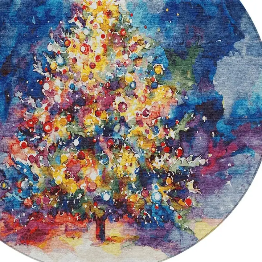 8' Navy Blue Gold Red And Purple Round Abstract Washable Indoor Outdoor Area Rug Photo 4