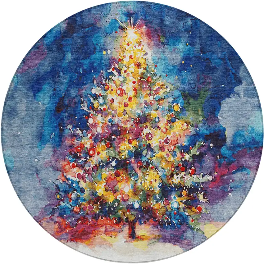 8' Navy Blue Gold Red And Purple Round Abstract Washable Indoor Outdoor Area Rug Photo 1