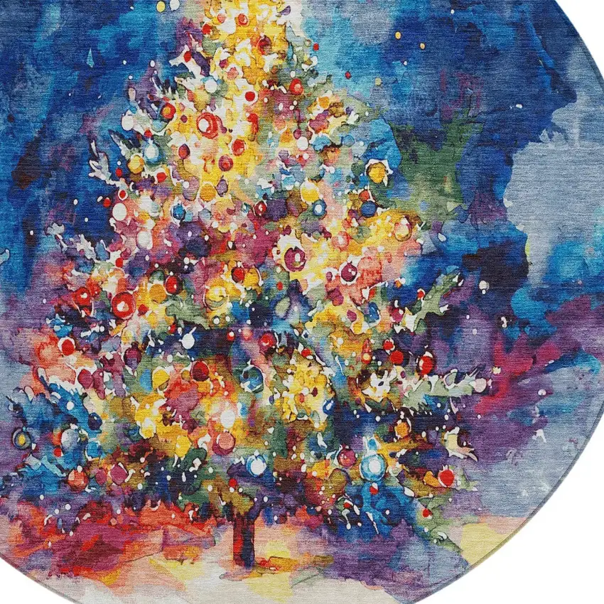 8' Navy Blue Gold Red And Purple Round Abstract Washable Indoor Outdoor Area Rug Photo 7