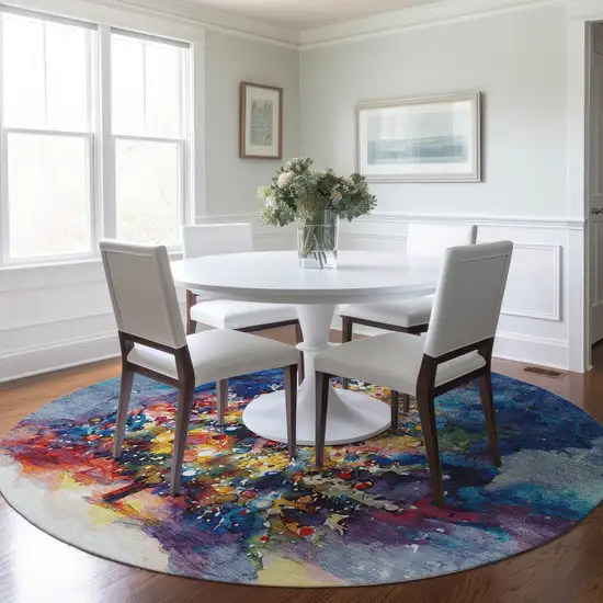 8' Navy Blue Gold Red And Purple Round Abstract Washable Indoor Outdoor Area Rug Photo 6