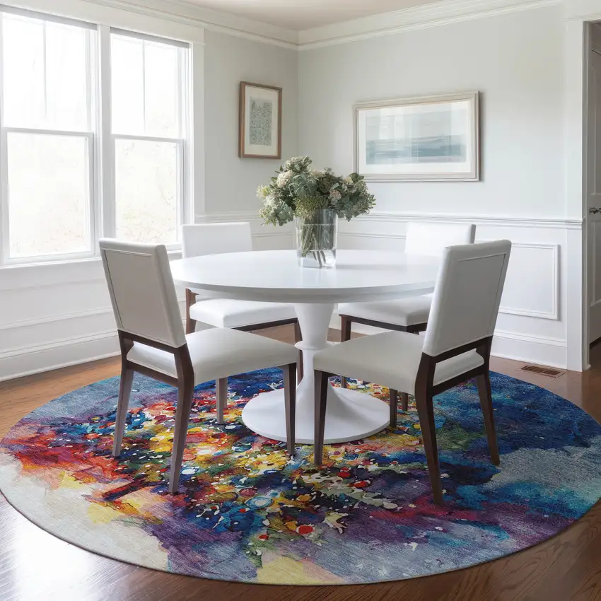 8' Navy Blue Gold Red And Purple Round Abstract Washable Indoor Outdoor Area Rug Photo 6