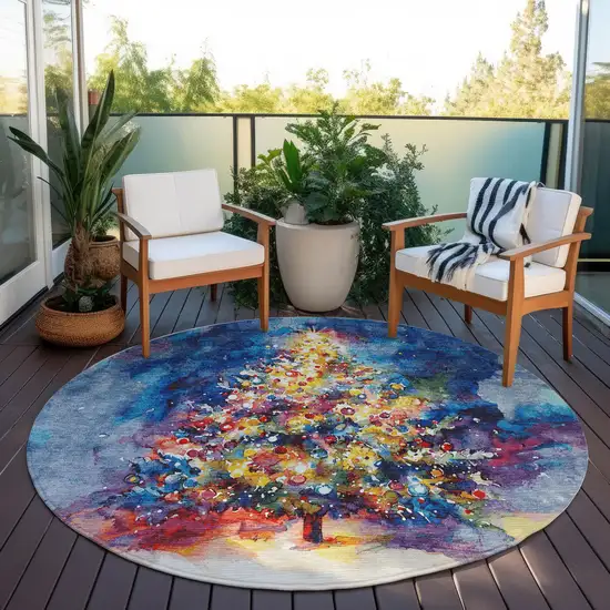 8' Navy Blue Gold Red And Purple Round Abstract Washable Indoor Outdoor Area Rug Photo 5