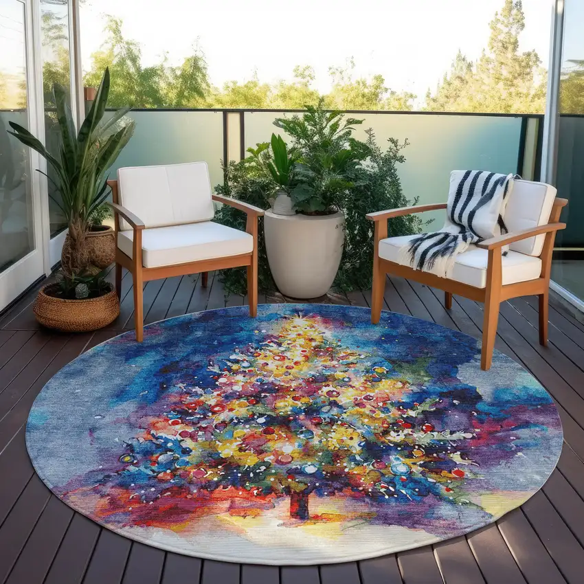 8' Navy Blue Gold Red And Purple Round Abstract Washable Indoor Outdoor Area Rug Photo 5