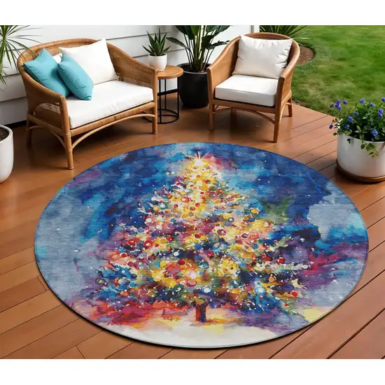 8' Navy Blue Gold Red And Purple Round Abstract Washable Indoor Outdoor Area Rug Photo 2