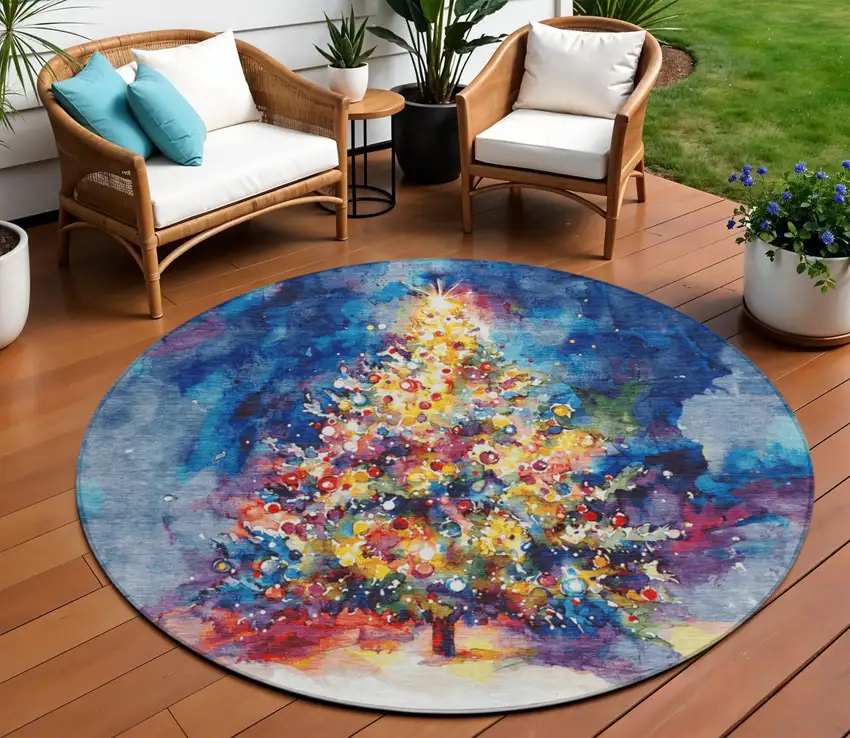 8' Navy Blue Gold Red And Purple Round Abstract Washable Indoor Outdoor Area Rug Photo 2