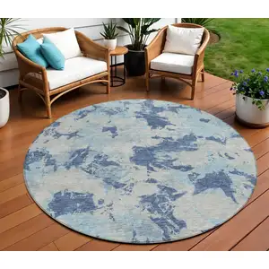 Photo of 8' Navy Blue Gray And Aqua Round Floral Washable Indoor Outdoor Area Rug