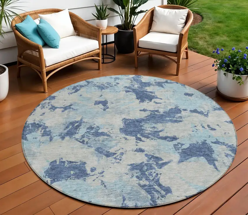 8' Navy Blue Gray And Aqua Round Floral Washable Indoor Outdoor Area Rug Photo 1