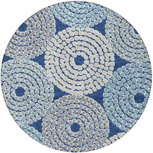 Photo of 8' Navy Blue Gray And Aqua Round Geometric Washable Indoor Outdoor Area Rug