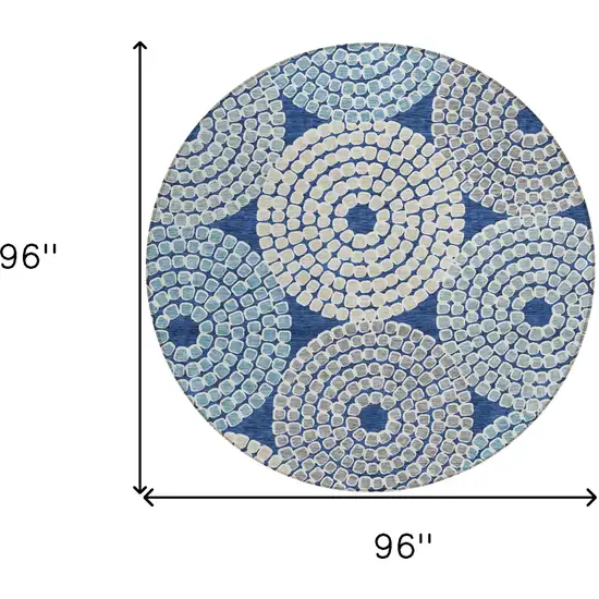 8' Navy Blue Gray And Aqua Round Geometric Washable Indoor Outdoor Area Rug Photo 3