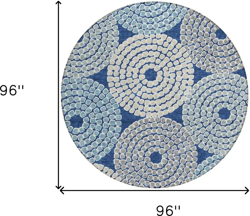 8' Navy Blue Gray And Aqua Round Geometric Washable Indoor Outdoor Area Rug Photo 3