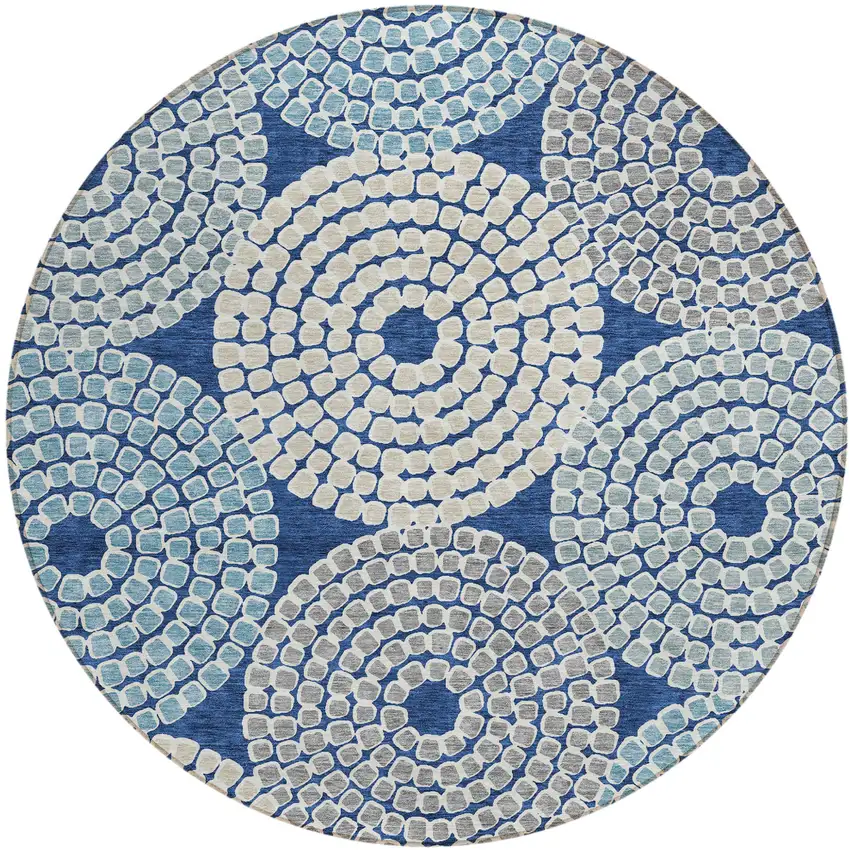 8' Navy Blue Gray And Aqua Round Geometric Washable Indoor Outdoor Area Rug Photo 2