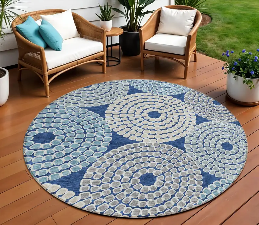 8' Navy Blue Gray And Aqua Round Geometric Washable Indoor Outdoor Area Rug Photo 1