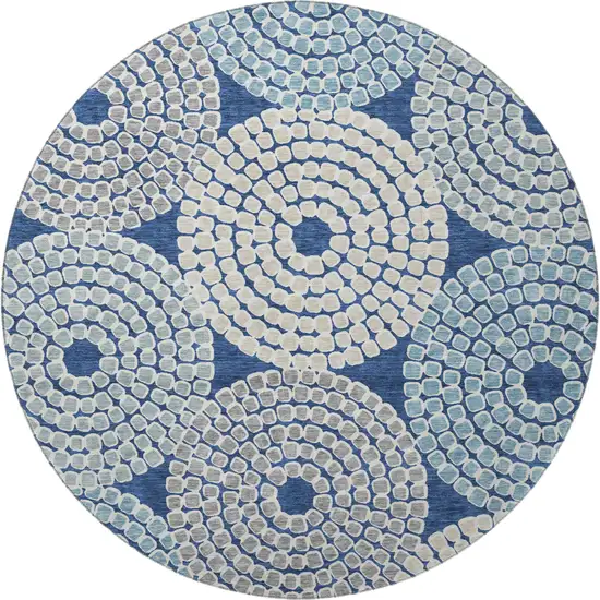 8' Navy Blue Gray And Beige Geometric Washable Round Rug With UV Protection Photo 4