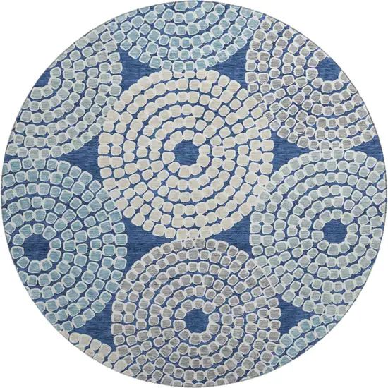8' Navy Blue Gray And Beige Geometric Washable Round Rug With UV Protection Photo 1