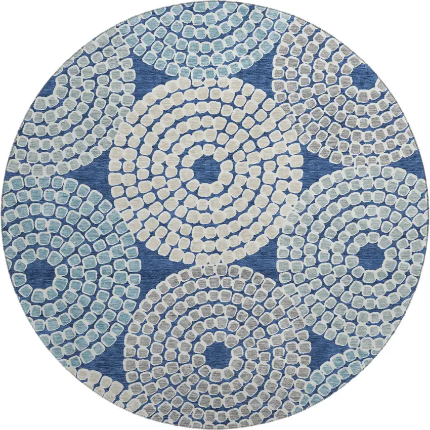 8' Navy Blue Gray And Beige Geometric Washable Round Rug With UV Protection Photo 1