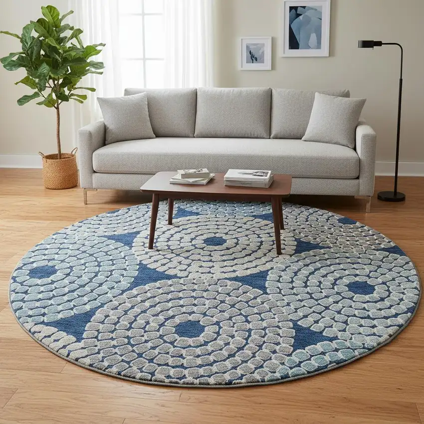 8' Navy Blue Gray And Beige Geometric Washable Round Rug With UV Protection Photo 2