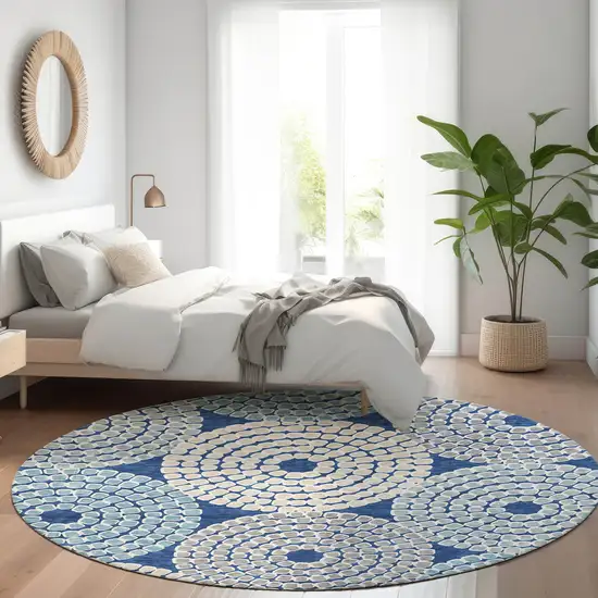 8' Navy Blue Gray And Beige Geometric Washable Round Rug With UV Protection Photo 5