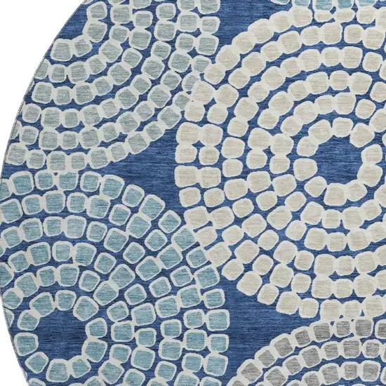 8' Navy Blue Gray And Beige Geometric Washable Round Rug With UV Protection Photo 3