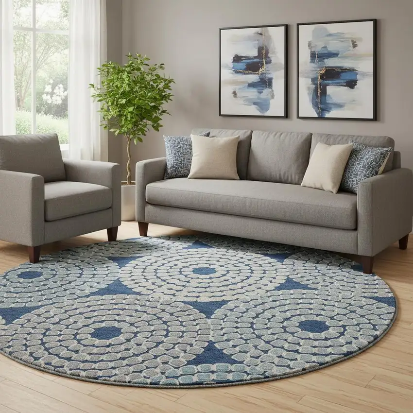 8' Navy Blue Gray And Beige Geometric Washable Round Rug With UV Protection Photo 1
