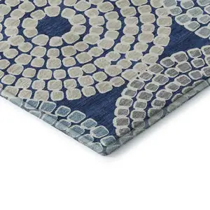Photo of 8' Navy Blue Gray And Beige Geometric Washable Round Rug With UV Protection