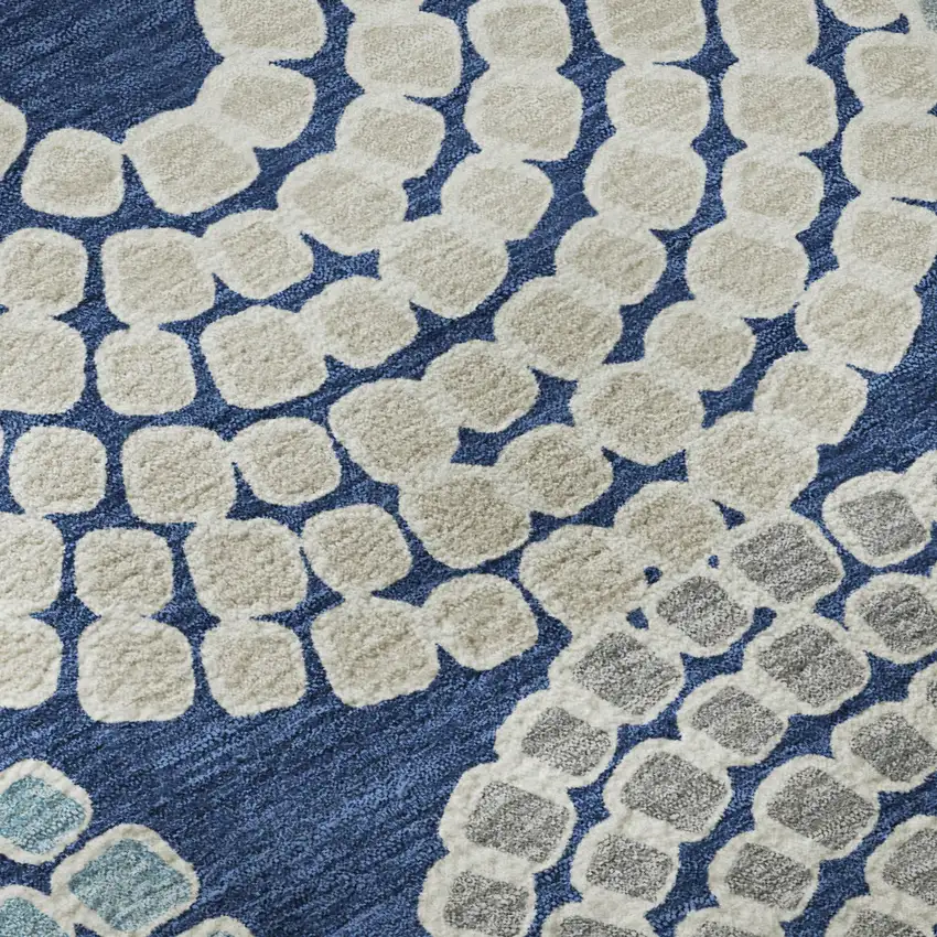 8' Navy Blue Gray And Beige Geometric Washable Round Rug With UV Protection Photo 9