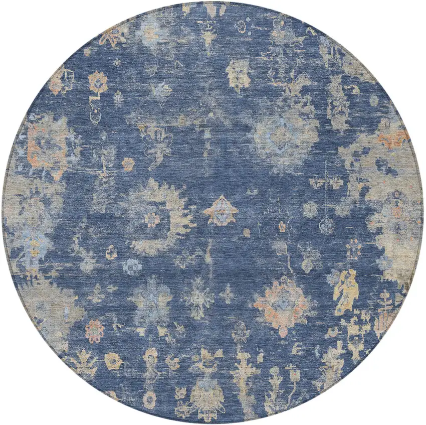 8' Navy Blue Gray And Beige Round Floral Washable Indoor Outdoor Area Rug Photo 5