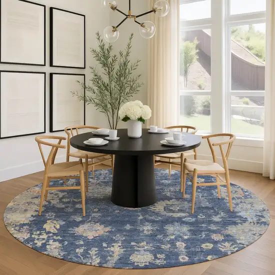 8' Navy Blue Gray And Beige Round Floral Washable Indoor Outdoor Area Rug Photo 9