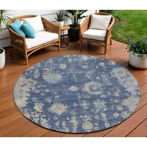 Photo of 8' Navy Blue Gray And Beige Round Floral Washable Indoor Outdoor Area Rug