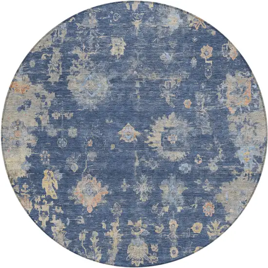 8' Navy Blue Gray And Beige Round Floral Washable Indoor Outdoor Area Rug Photo 2