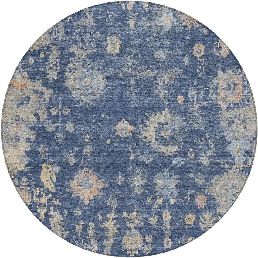 8' Navy Blue Gray And Beige Round Floral Washable Indoor Outdoor Area Rug Photo 2